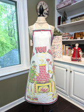 VTG 100 cotton/USA WHITE FULL BIB APRON w/CUTE COOKING COUPLE/new border trims