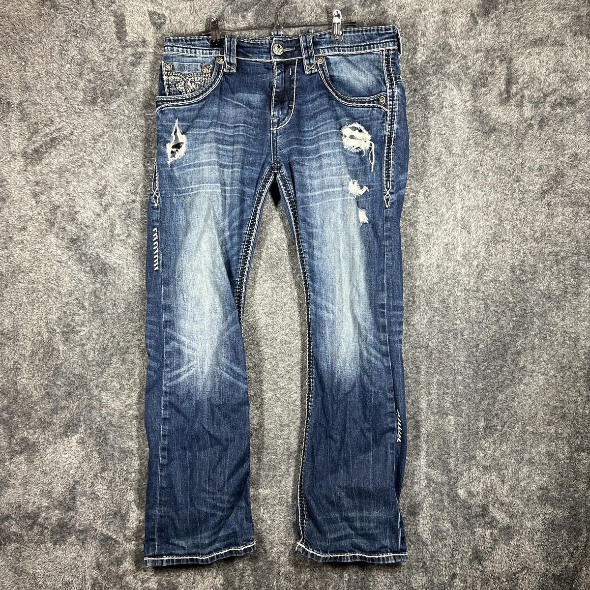 Rock Revival Rhays Boot Jeans Mens 33x29 Blue Distressed