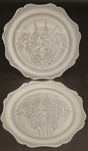 TWO Jeanette Depression Frosted Glass Iris and Herringbone Salad / Lunch Plates