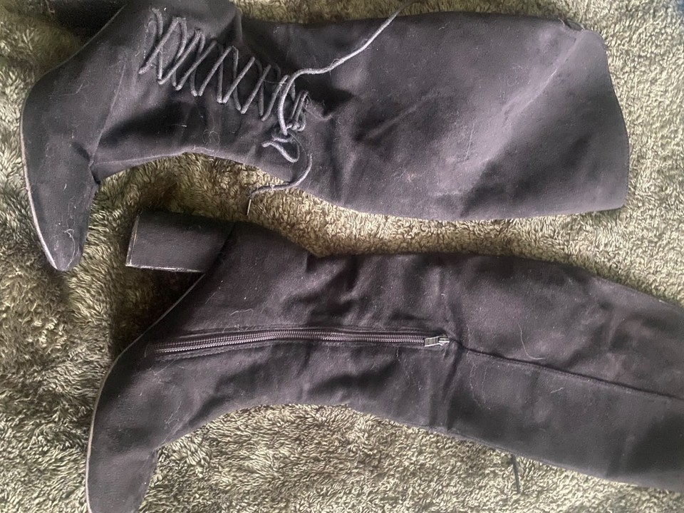 Black Knee High Boots with Lace-Up Detail & Block Heels size 5 | eBay UK