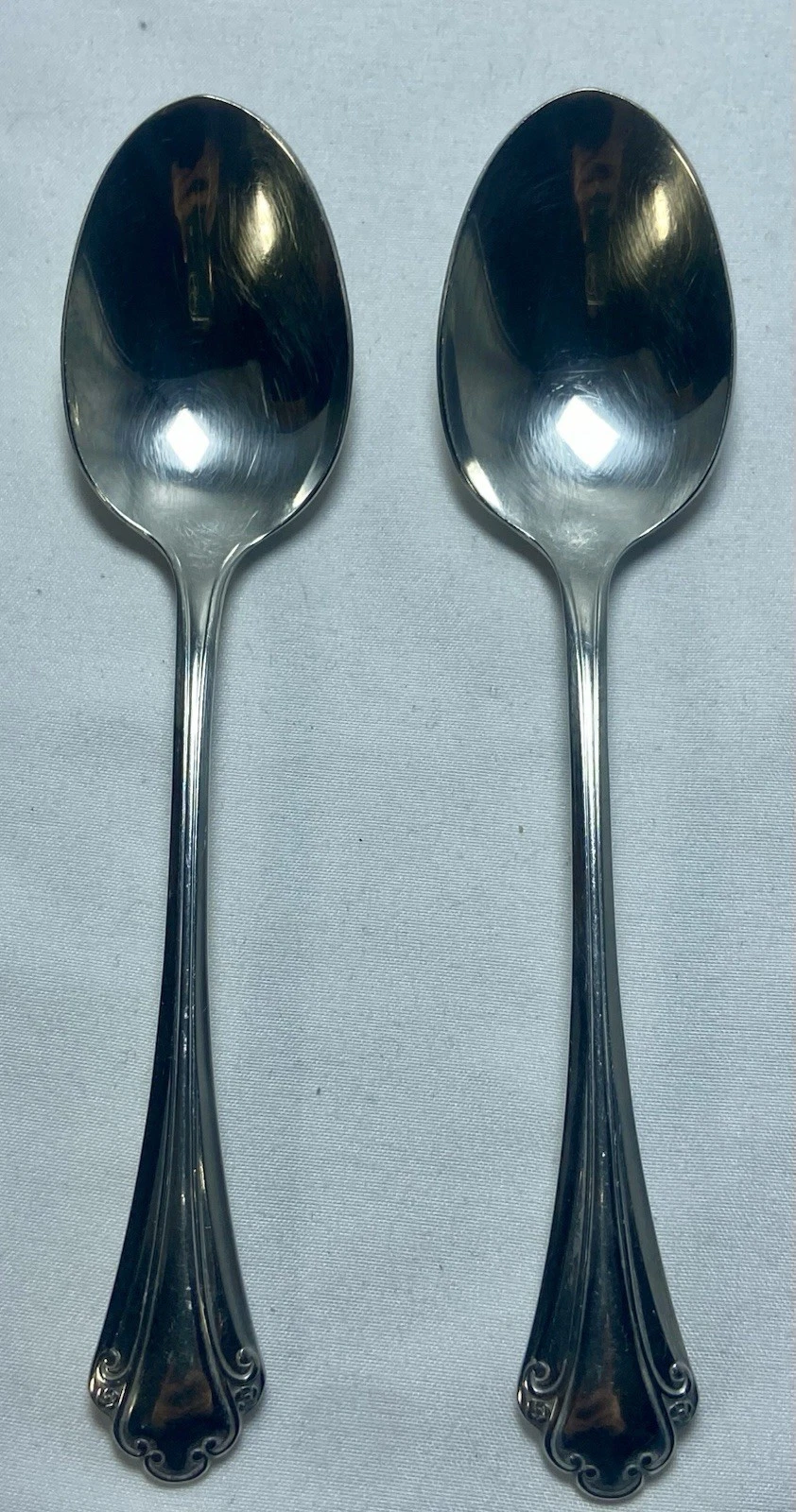 2 ONEIDA FALKIRK Cutlery Table Soup Spoons Vintage Scrolled Handles