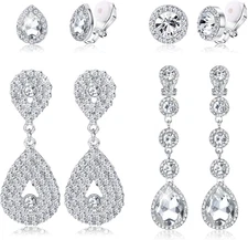 4 Pairs Silver Clip on Earrings for Women Elegant Rhinestone Clip on Earrings Da