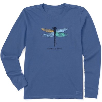 Life is Good Women's Change Dragonfly Long Sleeve Crusher Tee, Vintage Blue