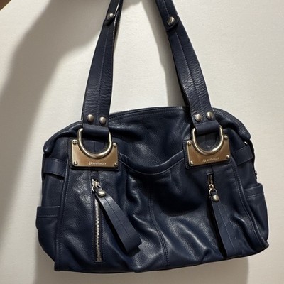 B. Makowsky Blue Pebbled Shoulder Bag Zip Closure Silver Hardware Leopard Lining