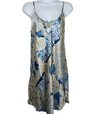 Vintage Inner Most Paisley Satin Nightgown Keyhole Front Detail Blue Beige M
