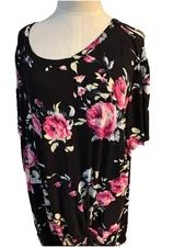 Lovely J Boutique Women Black Pink Roses French Know Curvy  Top Sz 2xl
