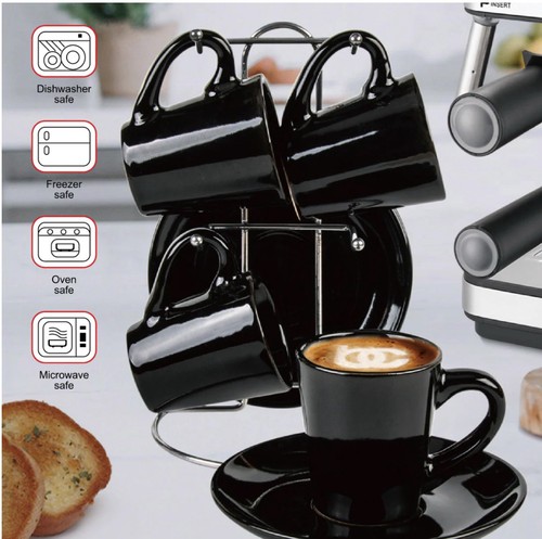 Black 9-pc Espresso Set W/Metal Stand, 4 Espresso Cup Set, Cup & Saucer Set, ... - Picture 3 of 9
