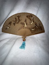 Chinese Wooden Hand Fan Hand-Painted Cranes Carved Decorative with Box Vintage