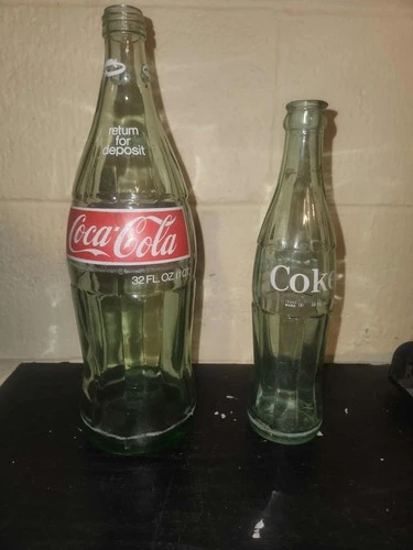 Set of 2 Vintage Coca-Cola Coke Old Green Glass Bottles, 32 oz and 6 oz