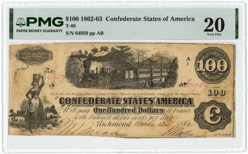 1862-63 $100 T-40 Confederate States Of America VF20 PMG 950560-48