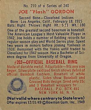 1949 Bowman Baseball #210 Joe "Flash" Gordon RC - Picture 2 of 2