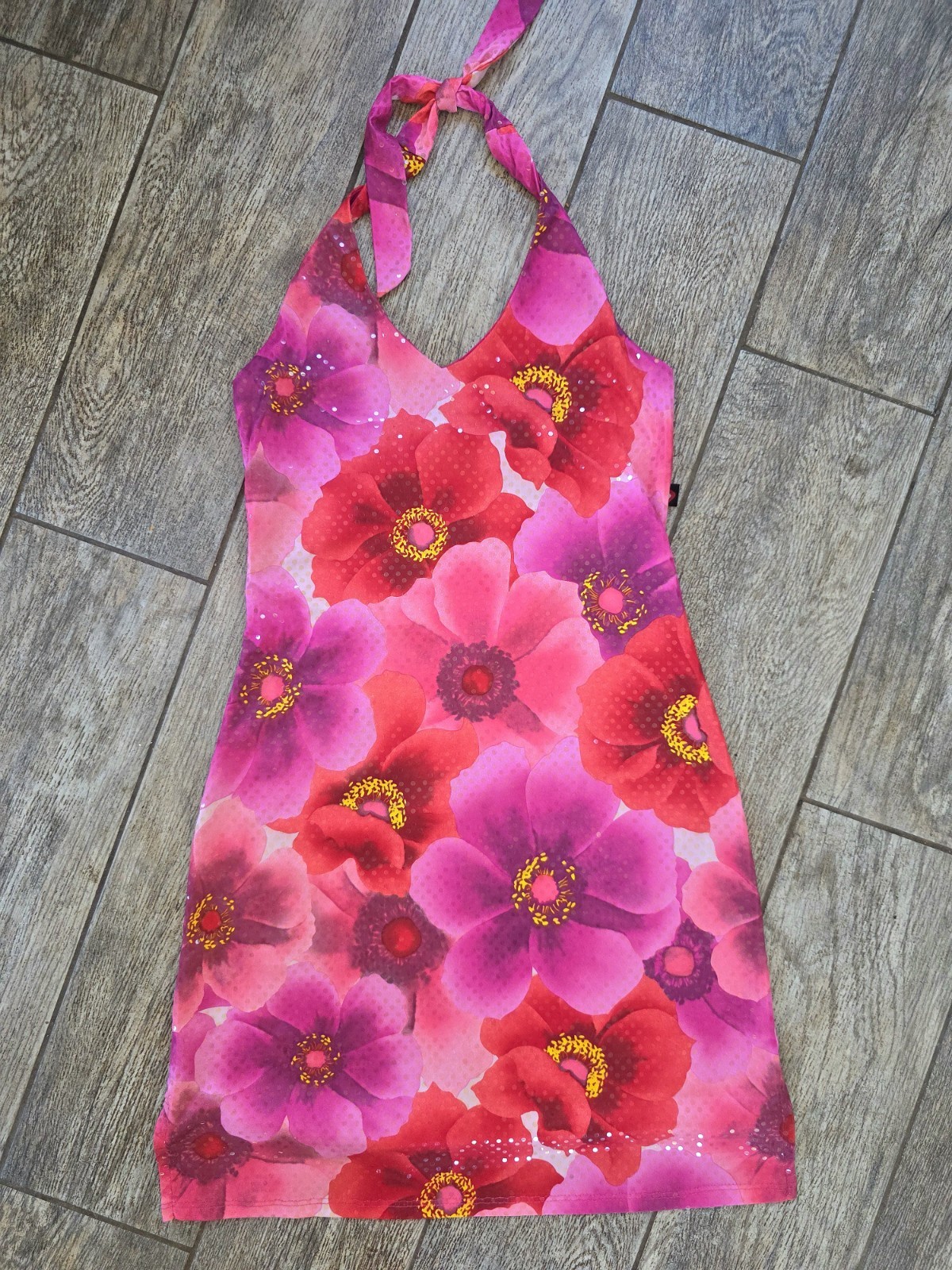 Hotkiss Women’s Halter Floral Short Dress Pink Sz Small Y2K Vintage Beach Summer
