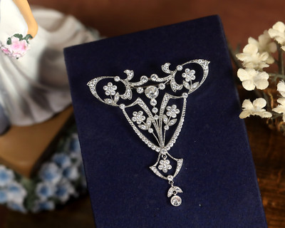 Brosche Silber Schöner Eopque Spitze Blumen- Lorbeerkranz Fassung Cz Weiß Retro