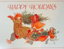 VTG 1989 American Greetings Holly Hobbie Christmas Postcard  UNUSED Girls & Dog