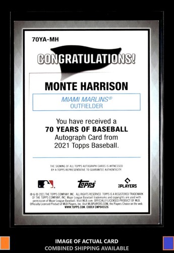 2021 Topps Monte Harrison 70 Years of Baseball Autograph Black /199 Auto Marlins - Picture 2 of 2