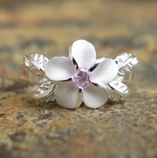 Hawaiian Silver 4 Leaves Plumeria Flower Pink CZ Wedding Ring Band 10mm SR2052