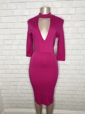 Hot Pink Deep Plunge Choker V- Neck Bodycon Long Sleeve Wiggle Dress Large Sexy