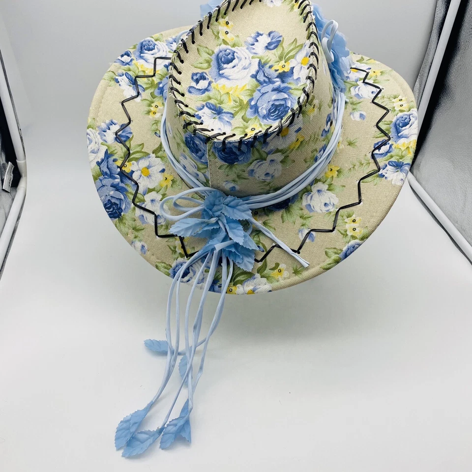 Único sombrero de vaquera azul amarillo floral lentejuelas Foto 4 de 4