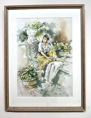 Gordon King Original Aquarell Portrait Of Lyn Amongst Flowers