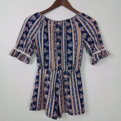 Heart & Arrow Girl Floral Stripe Romper Size M (10) Blue Pink Boho Ruffle Sleeve - Picture 5 of 10