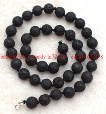 10mm Stunning Jewelry Black Volcanic Lava Round Gems Beads Necklace 18-36"