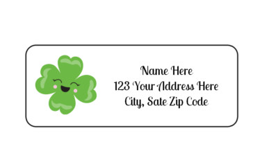 30 Happy Four Leaf Clover PERSONALIZED RETURN ADDRESS LABELS 1 in X 2 5/8 GLOSSY
