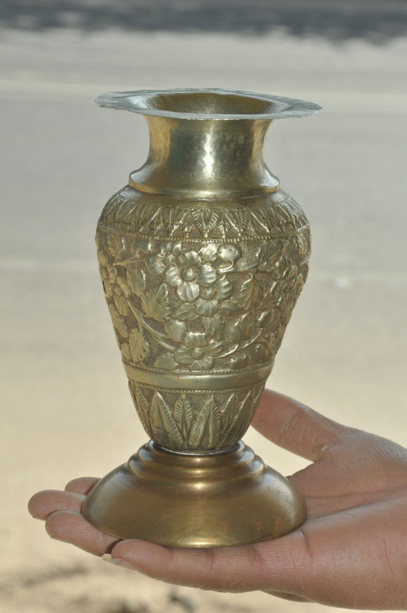 Vintage Brass Inlay Embossed Handcrafted Unique Shape Flower Vase