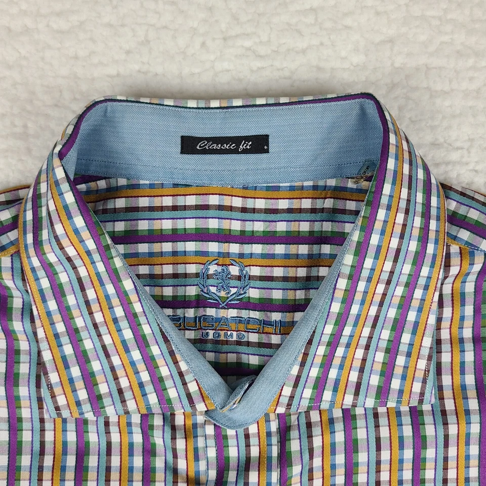 Bugatchi Uomo Shirt Mens 2XL XXL Purple Blue Green Plaid Classic Dress Button Up - Image 4 of 4