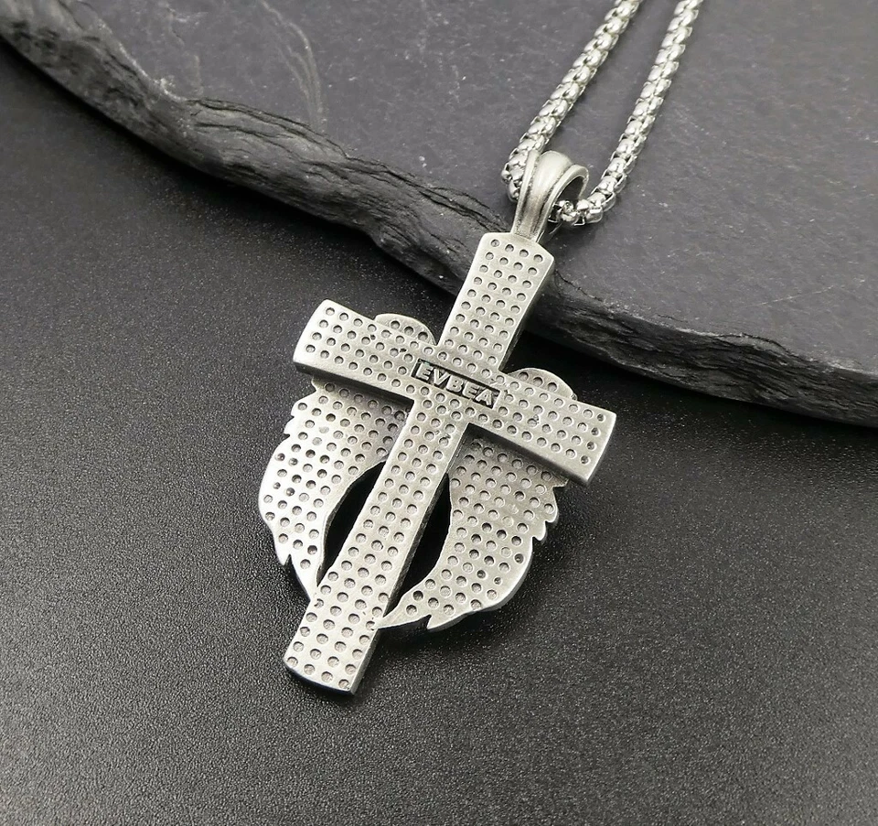 Antique Silver Tone Pewter Ornate Large Cross Angel Wings Pendant Men Necklace - Image 2 of 4