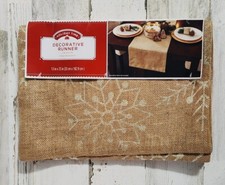 Holiday Time Jute Burlap Table Runner Christmas Gold Snowflakes 72"x13" NEW