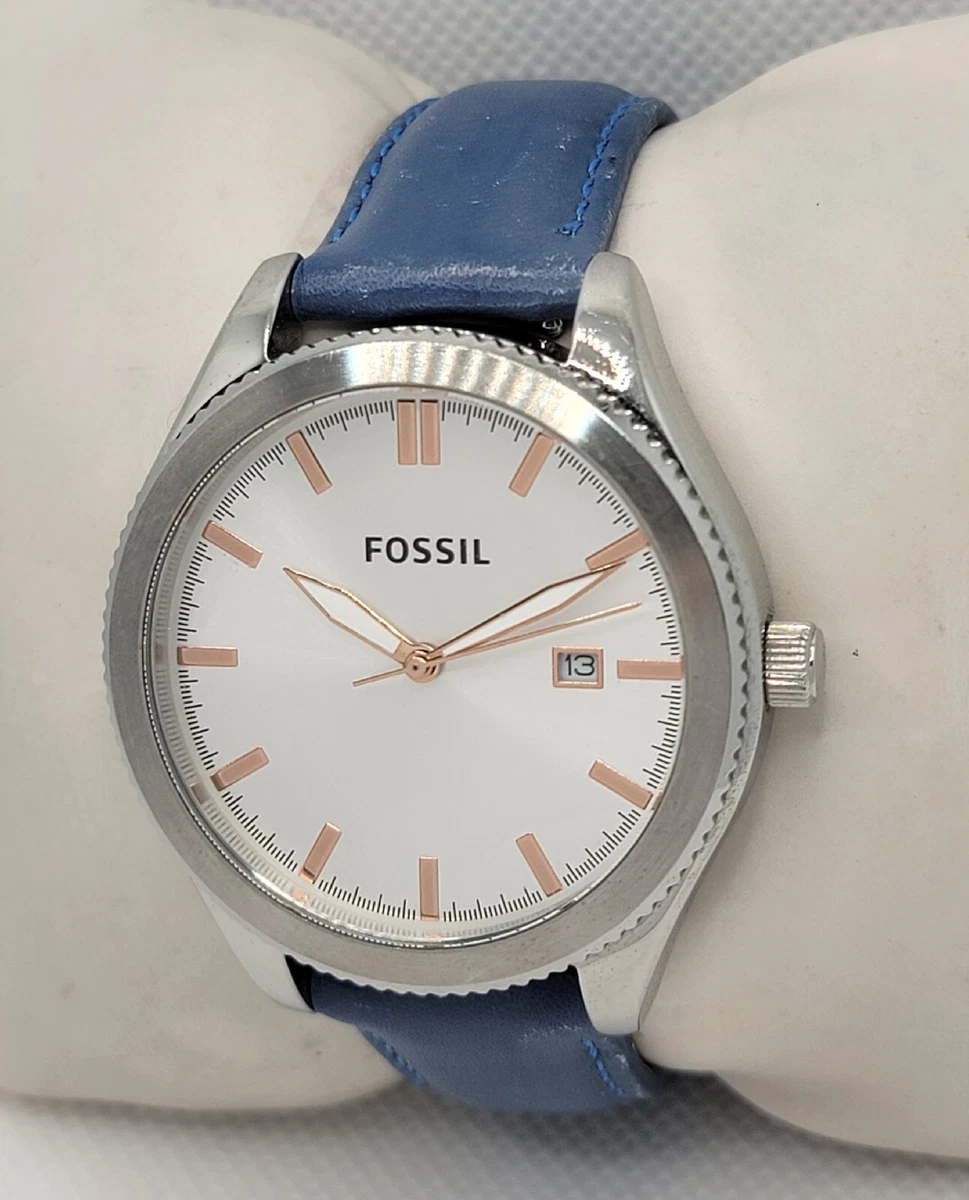 Ladies Fossil Silver Tone Blue Leather Strap Date Analog Watch