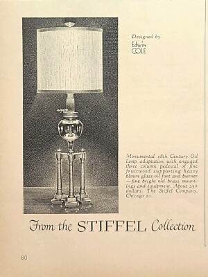 Stiffel Lamp Three Column Pedestal Oil Font Burner Adapted Vintage Print Ad 1957