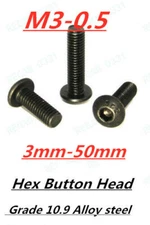 M3-0.5 Metric 10.9 Black Alloy Steel Allen Hex Socket Button Head Screw Bolts