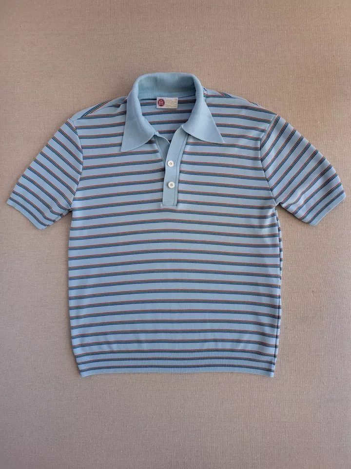 Camisa Polo Kings Road Años 70 De Colección Hombres Mediana Banlon Nylon Azul Arco Iris Cuello Daga Foto 2 de 4