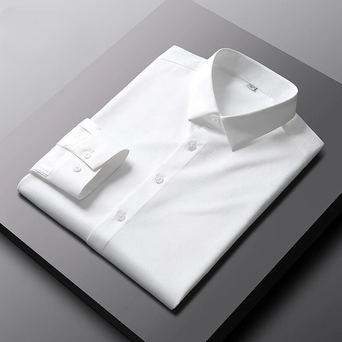 Men's Long Sleeved Shirt Wrinkle Resistant Business Shirt Solid Ice Silk Shirt - Picture 23 of 39