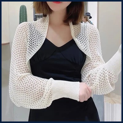 Summer Women Solid Color Hollow Out Long Sleeve Sunscreen Loose Knitted Cardigan