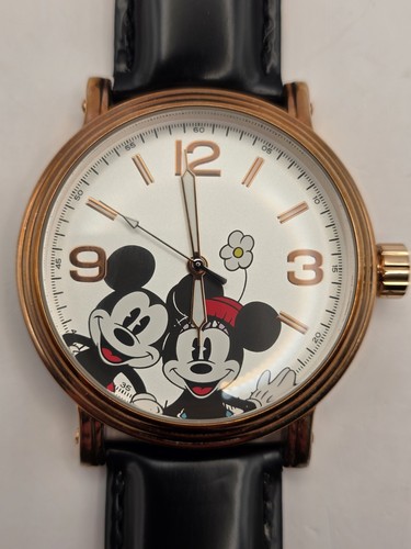 Disney Mickey & Minnie Mouse Rose Gold Tone Quartz Watch Black Strap... New Batt