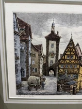 Vintage Rothenburg German Cityscape Signed Title Matted Framed (no Glass)