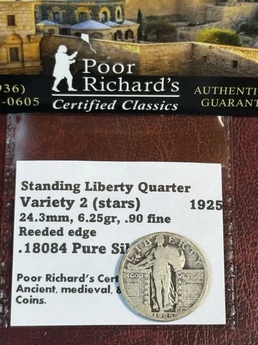 1925 Standing Liberty Quarter VG. Variety II .18084 Ounce Pure Silver. CU13