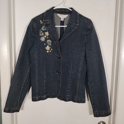 Casual Corner Annex Stretch Denim Blazer Women's M Jean Jacket Floral Embroidery
