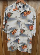 Izod Mens Aloha Hawaiian Rayon Button Up Size Large Multi Color Grey Blue Coral