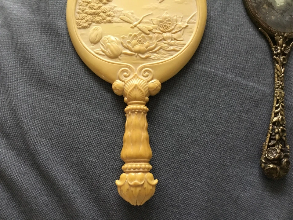 2 Antique Hand Mirrors, Celluloid W/Dragonflies, Brass With Encased Butterfly - Image 4 of 4