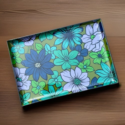Vintage Mod Floral Small Vanity Display Tray Retro Purple Green Blue Lacquer