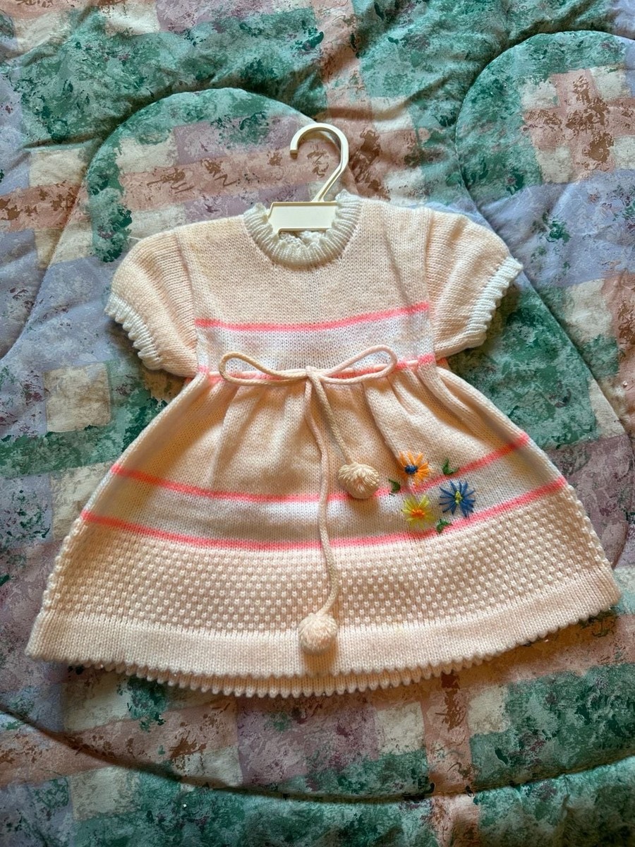 Vintage Saybury Baby Pink Knit Dress with Embroidered Flowers and Pom Poms  | eBay