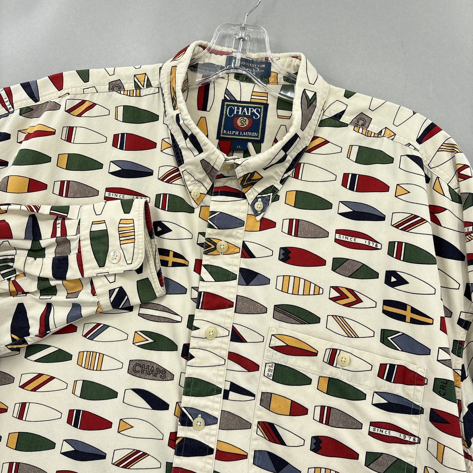 FILA Camicia vintage Chaps Ralph Lauren uomo XL beige stampa club canottaggio nautico anni 90