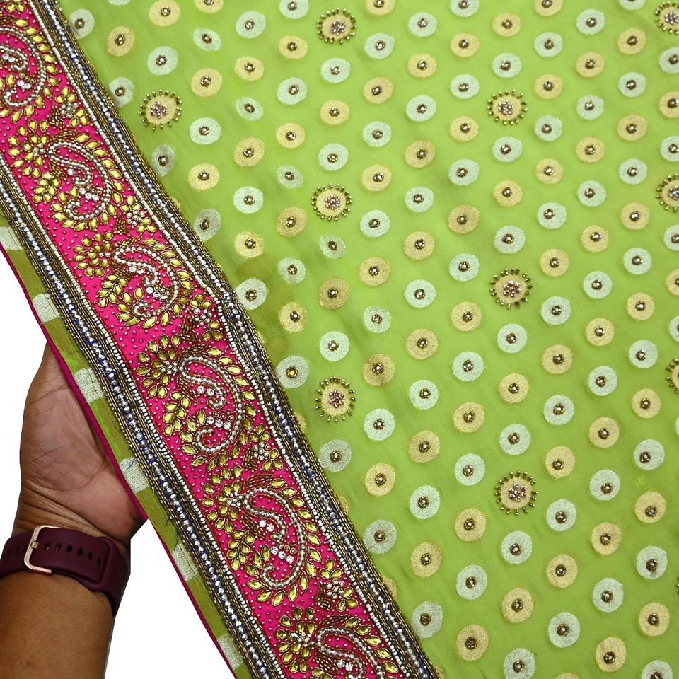 India Vintage Verde Pesado Novia Dupatta Pura Georgette Seda Bordada a Mano Foto 4 de 4