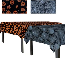 Halloween Tablecloth, 2-Pack Disposable Table Cloths, Pumpkins and Spider Web Pl