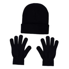 Kids Beanie Hat and Gloves Set for Boys Girls, Knit Hat Winter Gloves Black