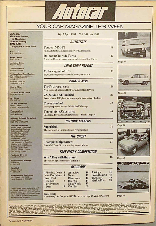 AUTOCAR MAGAZINE 07-APR-84 - Peugeot 505 GTi, Kougar Monza, Daihatsu Charade - Image 2 of 4