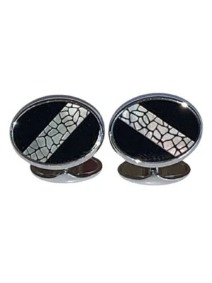 Boutons De Manchette En Argent Sterling Rayé En Coquille Dunhill Neuf RRP £595 - Photo 1/4